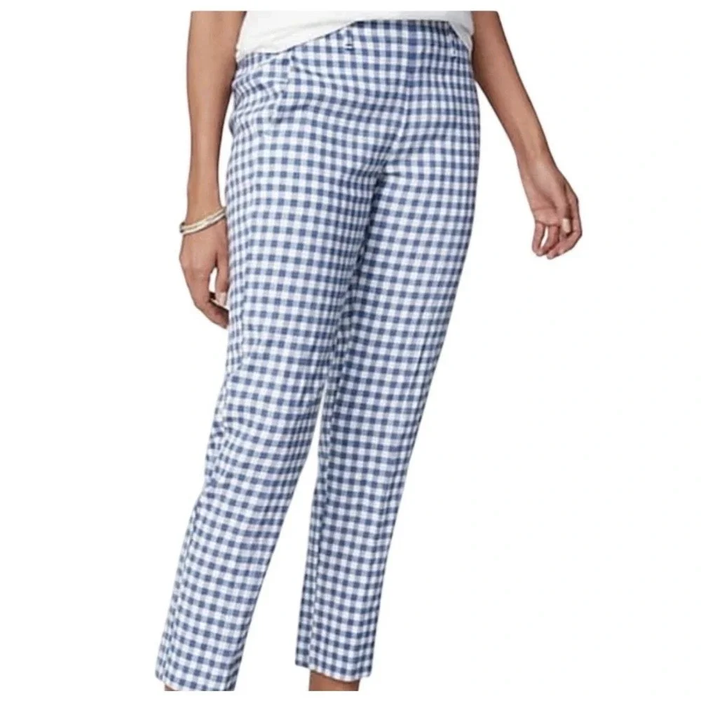J.Jill Linen Stretch Pants Women S Blue Gingham Check Crop‎ Cottagecore Coastal